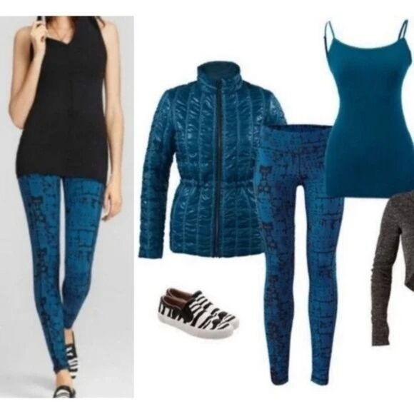 Cabi #963 Skinny Tech Cool Down Leggings Blue Black Print Large - Picture 2 of 7